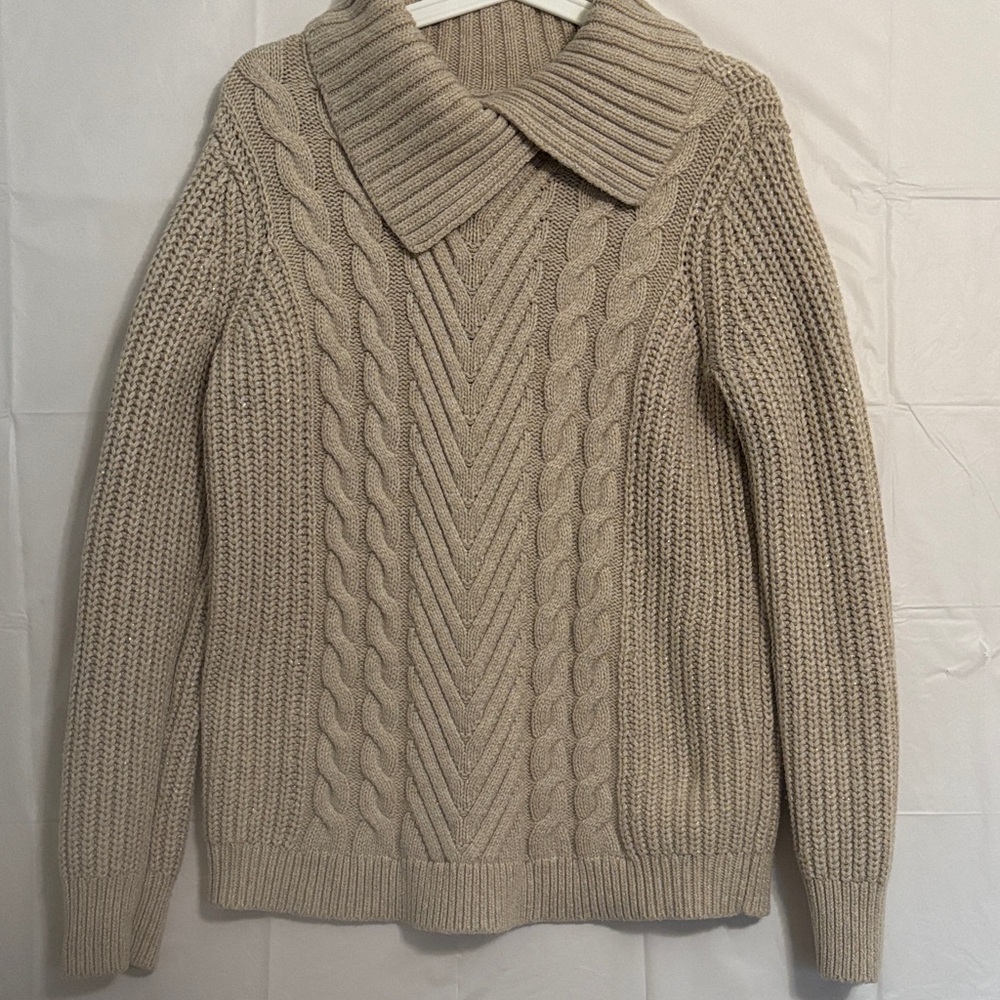 Nautica Women's Beige Cable Knit V-Neck Sweater